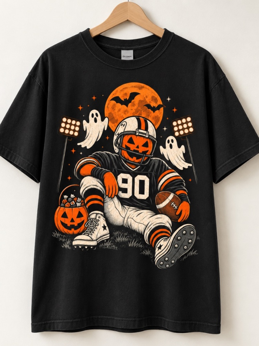 Comfort Colors Halloween Pumpkin Head Football Player Number 90 Ghost Moon Tee